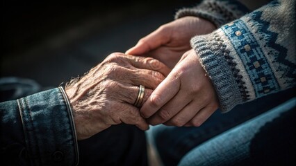 Close up of an elderly person s wrinkled hand being held by a younger person s hand