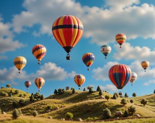 Obraz premium Colorful Hot Air Balloons Over Scenic Rolling Hills Landscape