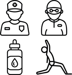 A collection of four simple line art icons depicting a doctor, a surgeon, a bottle of liquid, and a person performing a yoga pose.