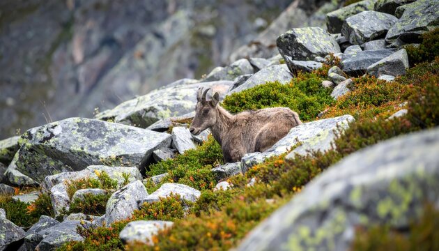 Himalayan Goral rests amongst the rocks - Powered by Adobe