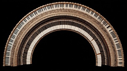 Array of piano keyboards forming an arch shape against a dark, isolated background