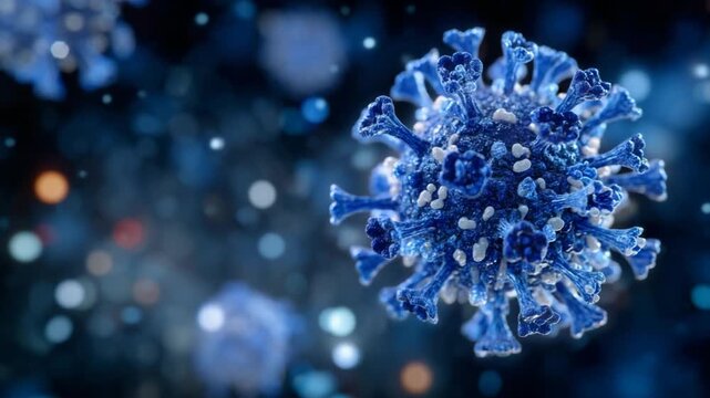 Explore a detailed digital illustration of a blue coronavirus virion in a sterile fluid, highlighting scientific analysis themes.