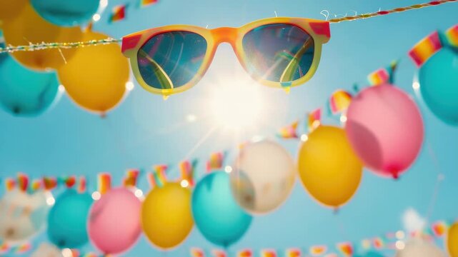 Colorful sunglasses hanging among party balloons against a sunny sky backdrop. A joyful celebratory atmosphere.