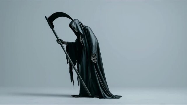 Halloween Grim Reaper with scythe finger pointing, cosplay black costume, Angel of Death scary in black hooded cape, skull face mask, theme party spooky gothic ball event