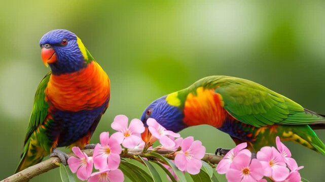 Enchanting Rainbow Lorikeets: A Colorful Dance of Nature Amidst Delicate Pink Flowers on a Lush Green Background, Showcasing Vibrant Plumage and Delicate Floral Beauty