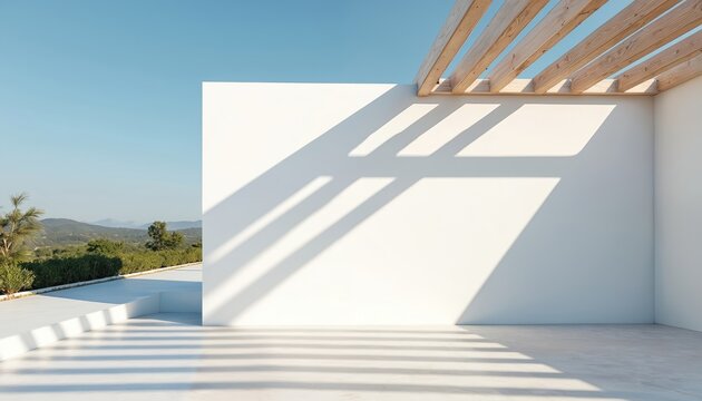 Minimalist outdoor area with white wall, pergola casting shadows on concrete floor. Bright sunlight creates geometric patterns. Serene, modern atmosphere with landscape view in background.