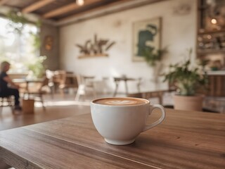 Ceramic Coffee Cup with Latte Art in Cozy Modern Café – Warm Scandinavian Interior with Natural Light (AI Generated)