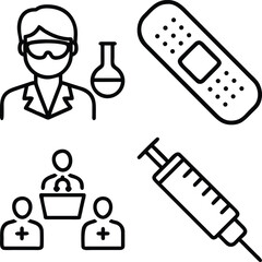 A collection of four simple black and white line drawings representing medical concepts: a scientist, a bandage, a syringe, and a medical team.