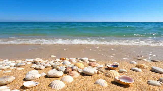 Scenic beach view with colorful seashells on golden sand, gentle waves lapping at the shore