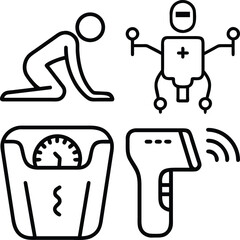 A collection of four line art icons depicting a person in distress, a robotic assistant, a weighing scale, and a non-contact thermometer.