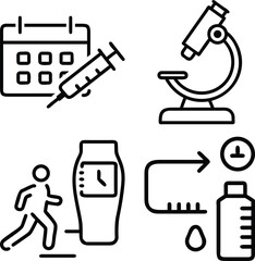 A collection of four line art icons depicting a calendar with a syringe, a microscope, a person running with a smartwatch, and a blood glucose monitor.