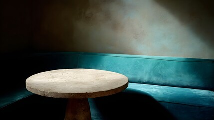 Fototapeta premium Light-filled interior scene with a round table and teal-colored seating.