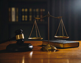 Scales of Justice with Gavel and Book on Wooden Table, Law Concept