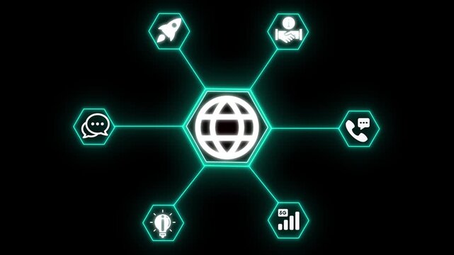 "Futuristic Neon Communication Network &ndash; Digital Connectivity and Technology Icons Animation on black background"