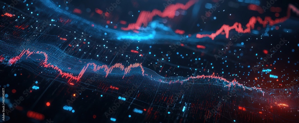 Poster a dynamic stock market chart with glowing blue and red elements on a dark background, concept of fin