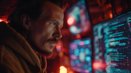 hacker front of his computer committing digital cybercrime