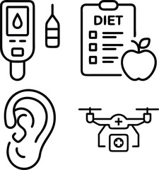 A collection of four medical icons representing diabetes management, hearing health, diet, and drone medical delivery.