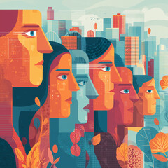  Ai and future technology as flat design vector art of facial recognition systems scanning diverse faces in smart city background
