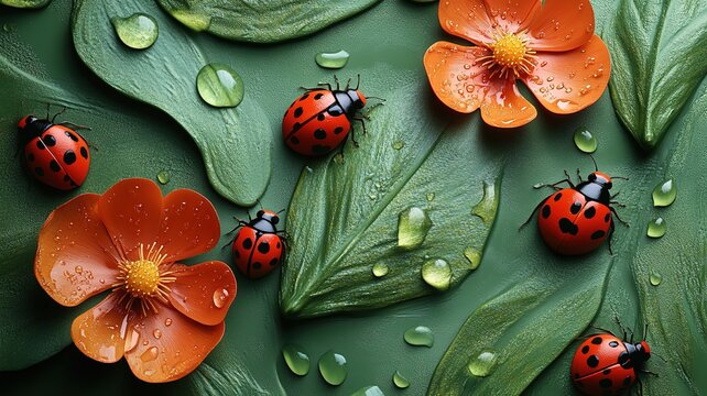 Green leaves with water drops and ladybugs - Powered by Adobe