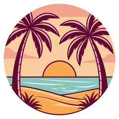 Serene beach sunset with palm trees, golden sky, and calm ocean waves
