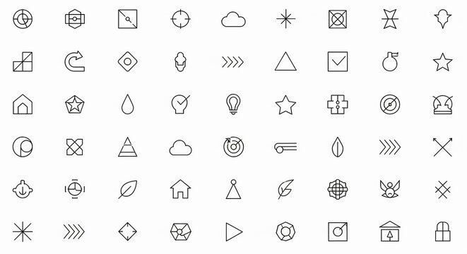 Collection of clean, modern line art icons representing various concepts like technology, nature, and business, isolated on white.