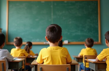 Elementary school children, wearing yellow shirts, sit at desks facing green blackboard in vintage classroom. Students engage in learning, with teacher visible from back. Focus on education,