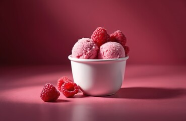 Refreshing raspberry sorbet scoops in white cup, garnished with fresh ripe raspberries. Served in a pink background, this frozen dessert is a sweet, juicy, and delicious summer treat.