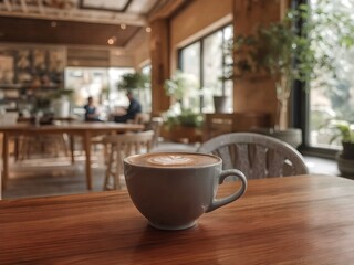 Ceramic Coffee Cup with Latte Art in Cozy Modern Café – Warm Scandinavian Interior with Natural Light (AI Generated)