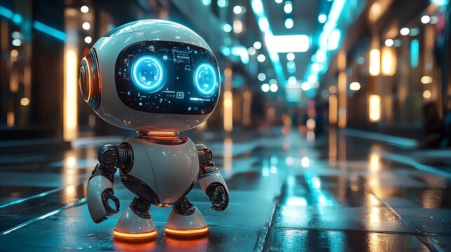 Futuristic robot exploring a vibrant technology powered city at night