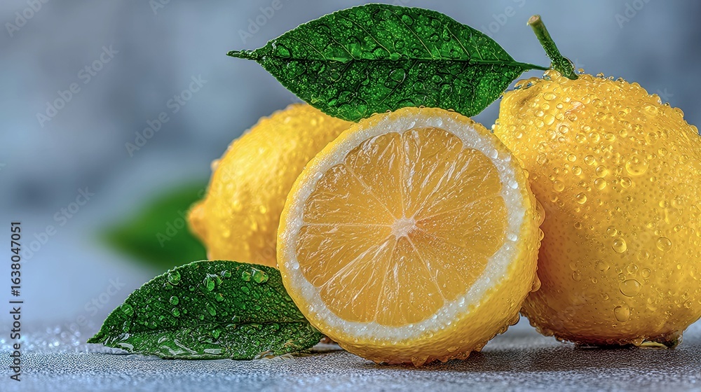 Poster three lemons with one cut in half, one of which is on a table. the other two lemons are on a table w