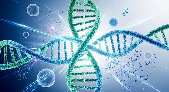 Abstract illustration of DNA strands with glowing elements and molecular structures, representing scientific advancements and genetics.