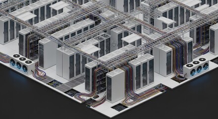 Isometric view of a modern, organized data center showcasing intricate server racks, cooling units, and complex network cabling for advanced computing infrastructure.