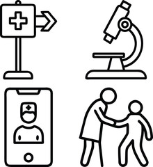 A collection of four simple line art icons depicting medical signage, a microscope, a telemedicine consultation, and a doctor assisting a patient.