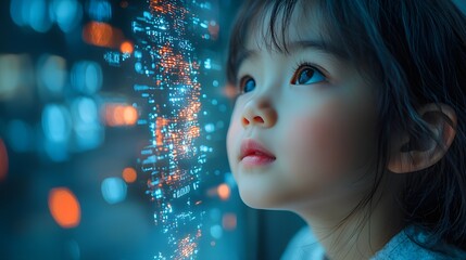 Asian child examining holographic cybersecurity code