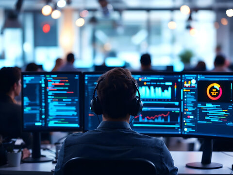 a person working in a high-tech office, sitting in front of multiple computer screens displaying complex data and information