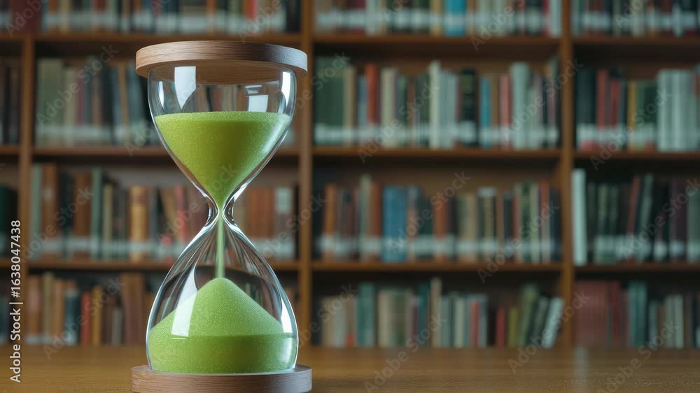 Poster minaturized hourglass on a bookshelf. time metaphor for reading and learning.
