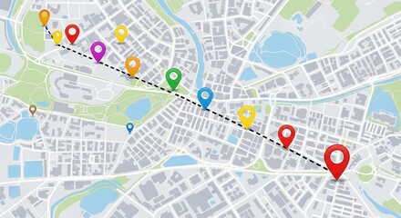 City map illustration with a route marked by colorful location pins indicating various destinations or milestones along the way, suitable for navigation, travel, and urban planning themed designs.