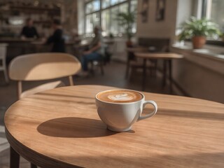 Ceramic Coffee Cup with Latte Art in Cozy Modern Café – Warm Scandinavian Interior with Natural Light (AI Generated)