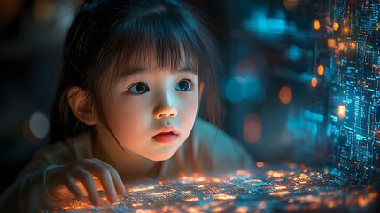 A young girl solving a glowing digital puzzle embodying the spirit of cybersecurity