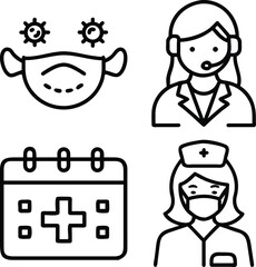 A set of four simple line art icons representing medical themes including a virus-protected mask, a nurse, a calendar with a cross, and a support worker.