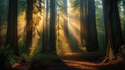 Cathedral of Light: Golden Sun Rays Illuminate a Giant Redwood Grove