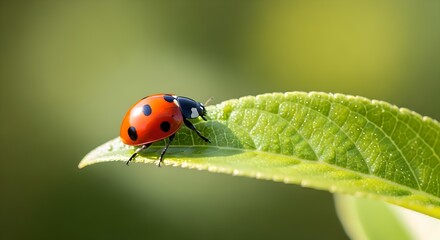 Obraz premium Ladybug on a green leaf. Macro shot, nature detail, vibrant red insect.