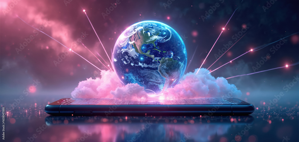Poster global connectivity via satellite networks shown on smartphones. cloud services connect earths every