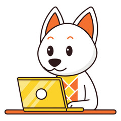 Cute cartoon dog working happily on a bright yellow laptop