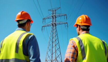 Engineers in safety gear inspect high voltage power lines. Wear orange helmets, high-visibility vests, focusing on electrical infrastructure maintenance. Teamwork ensures safe operation,