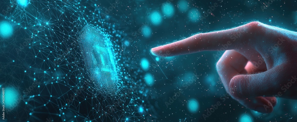 Poster ai innovation concept. abstract digital background. index human finger presses on a light blue ai ch