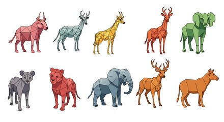 Fototapeta premium Geometric African Safari Animals: Low-Poly Style Wildlife Collection, Vibrant Color Palette.