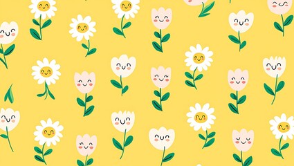 Fototapeta premium Cheerful Floral Pattern Featuring Smiling Daisies and Tulips on a Sunny Yellow Background