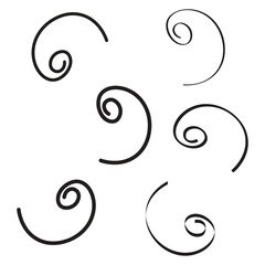 A collection of seven hand-drawn, black ink spirals of varying sizes and orientations on a clean white background.