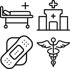 Four simple line art icons representing healthcare: a hospital building, a hospital bed, a medical bandage, and the caduceus symbol.